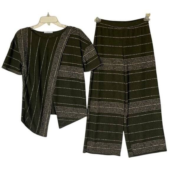 ZARA Olive Green Striped Stretch Knit Top + Pants 2 PC Suit Set - Portugal - Picture 2 of 14